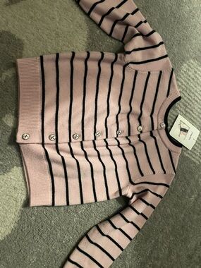 CHANEL Pink and Black Striped Knit Button Cardigan